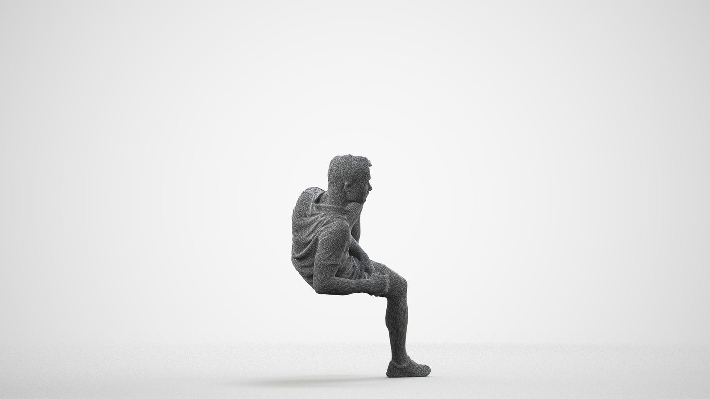 3D human model man casual sitting, photogrammetry scanned person for archviz, wireframe side view