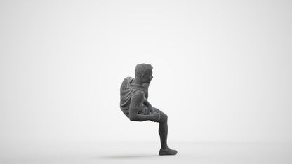 3D human model man casual sitting, photogrammetry scanned person for archviz, wireframe side view