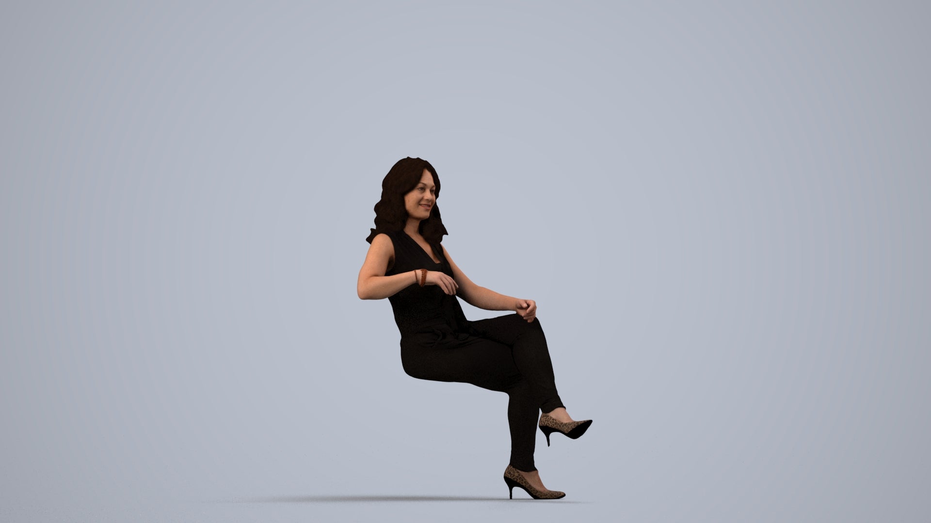 realistic 3D human woman casual sitting, archviz people FBX OBJ for Blender, side view render