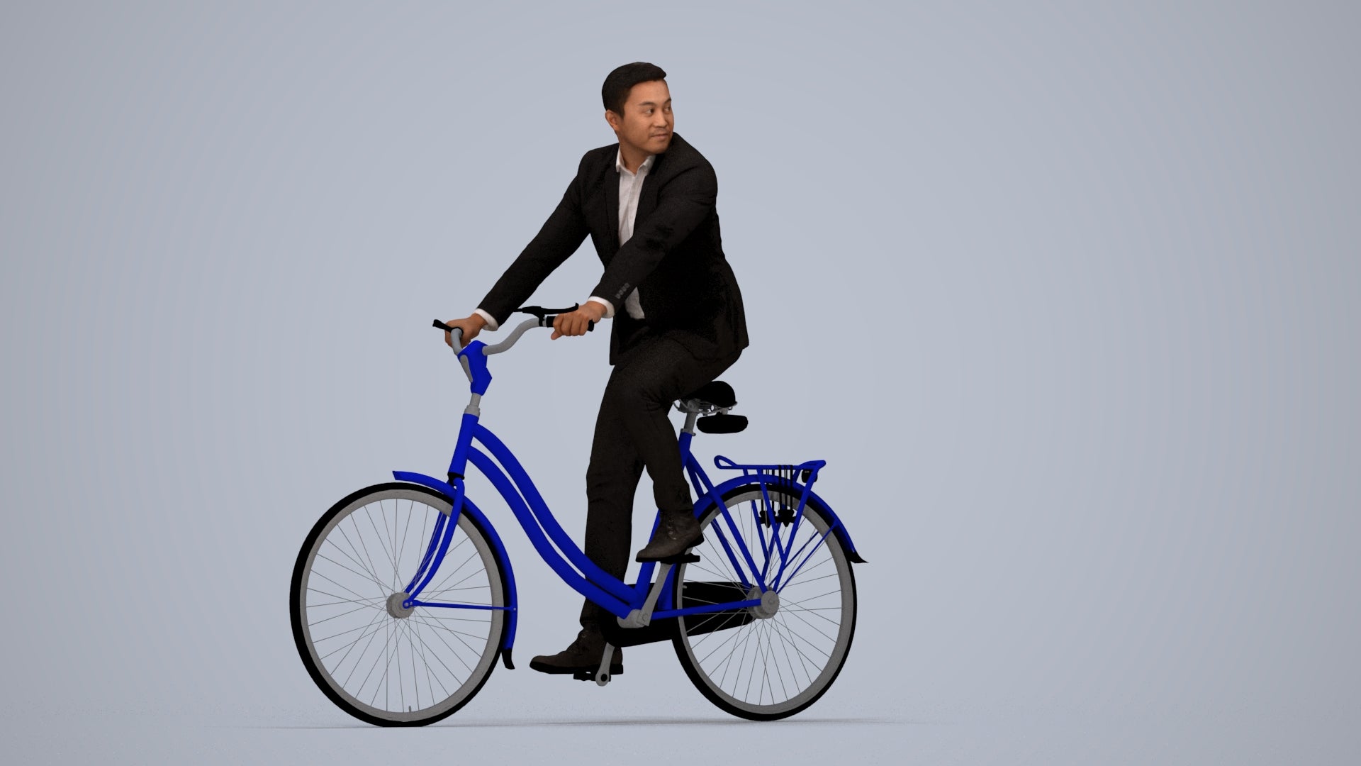 3D human model man business cycling, photogrammetry scanned person for archviz, top-down view render