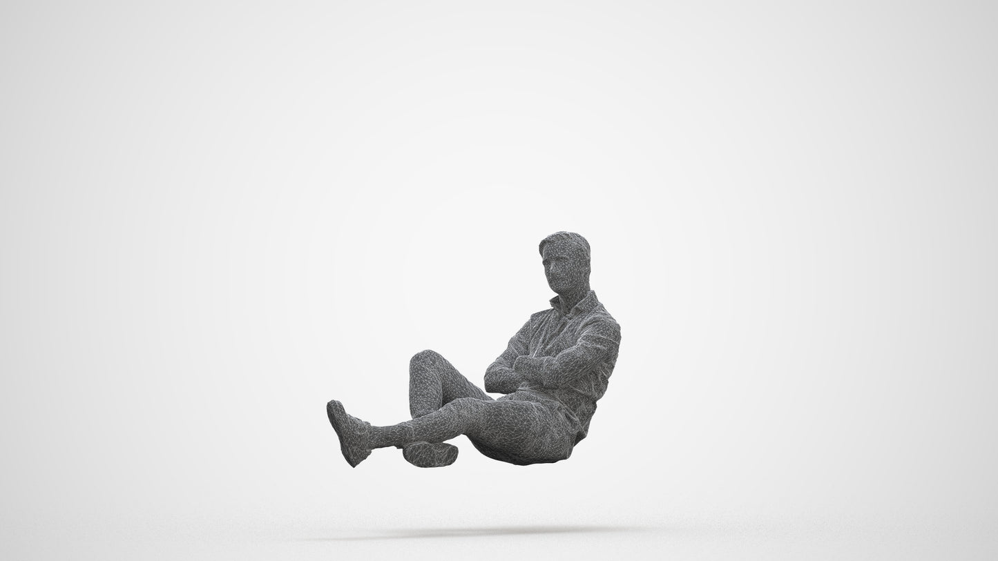 realistic 3D human man casual sitting, archviz people FBX OBJ for Blender, three-quarter front view render