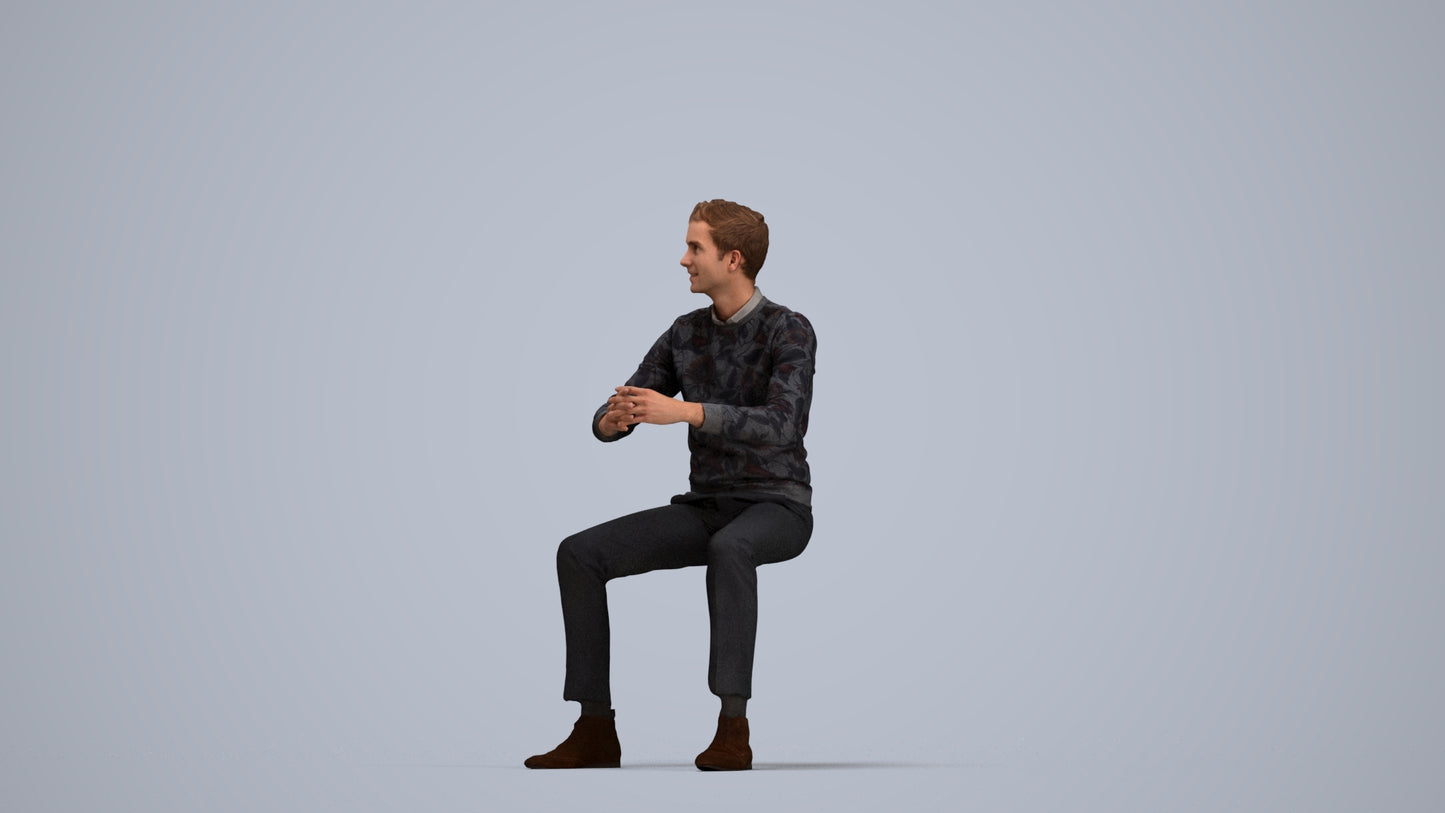 3D human model man casual business, photogrammetry scanned person for archviz, top-down view render