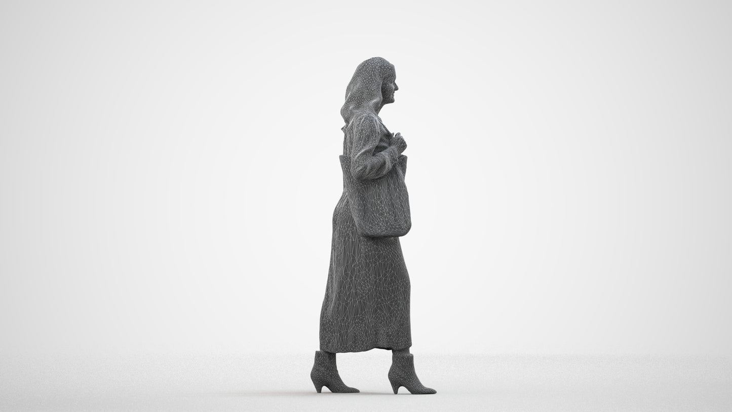 3D human model woman casual walking, photogrammetry scanned person for archviz, wireframe side view
