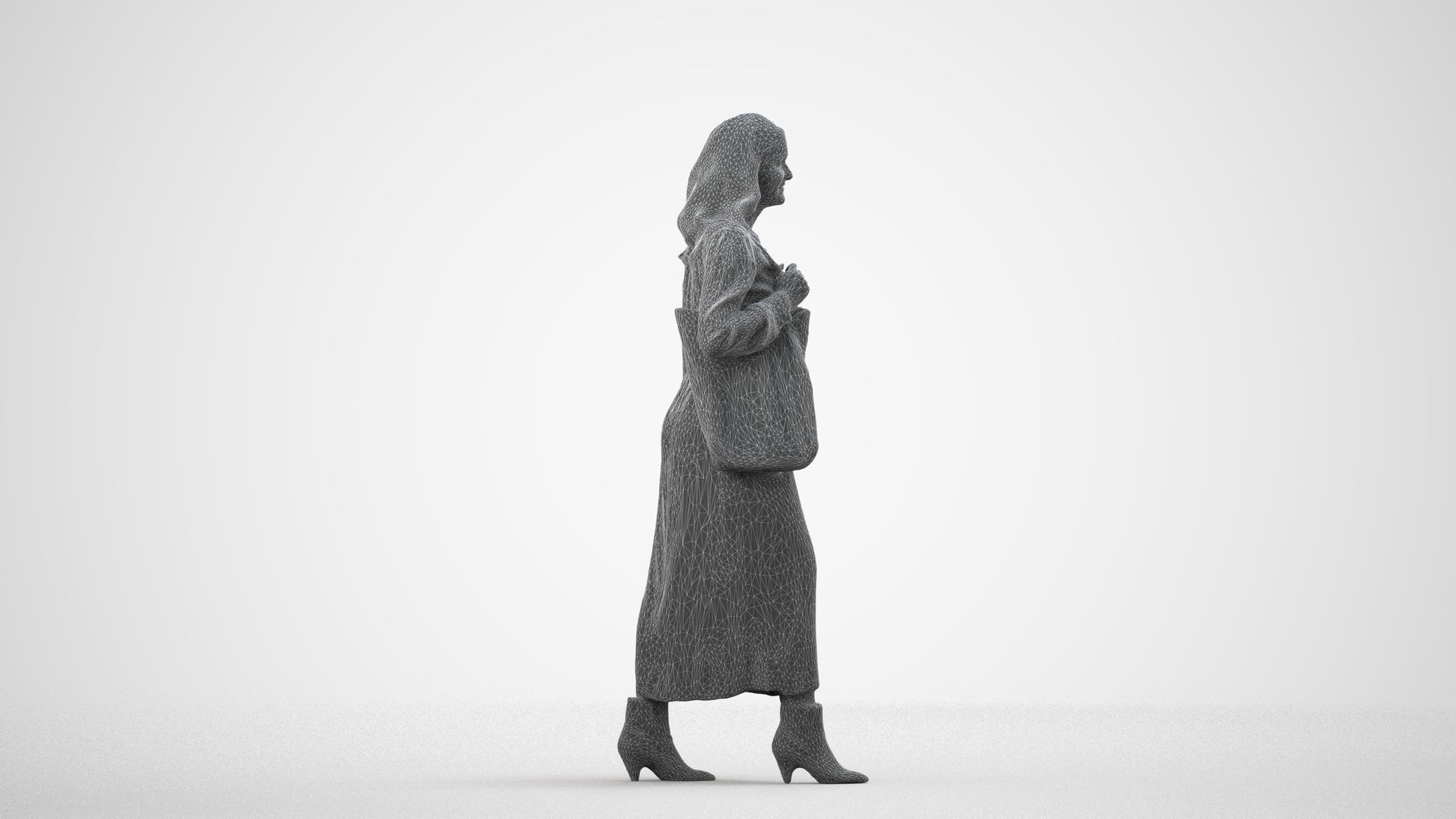 3D human model woman casual walking, photogrammetry scanned person for archviz, wireframe side view