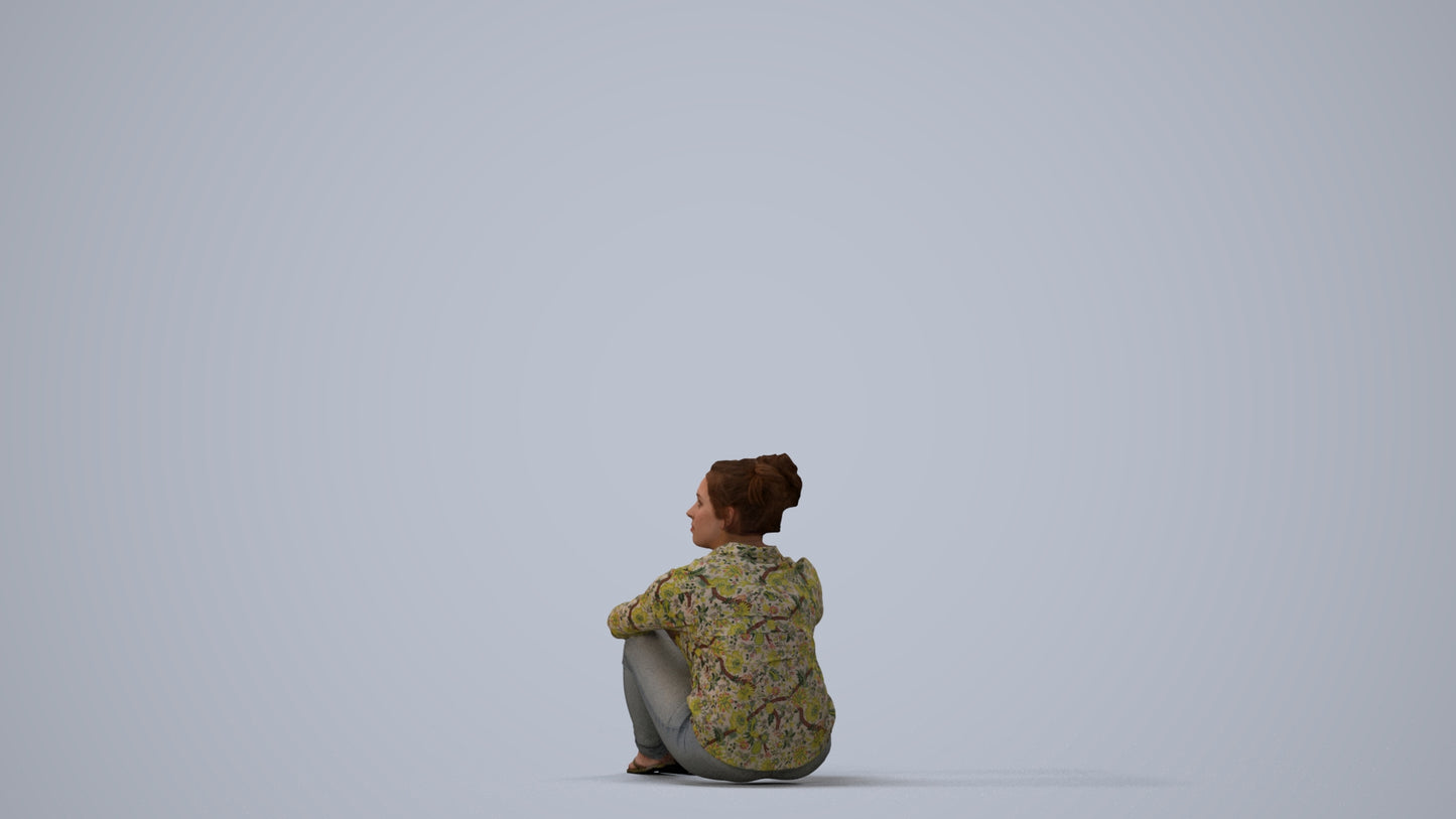 photogrammetry 3D woman casual sitting, realistic human model archviz FBX, three-quarter view render