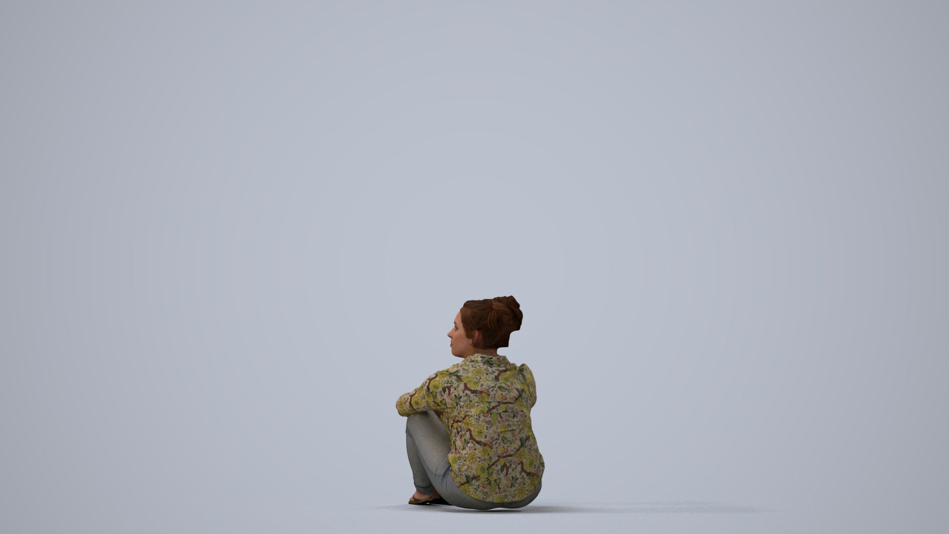 photogrammetry 3D woman casual sitting, realistic human model archviz FBX, three-quarter view render