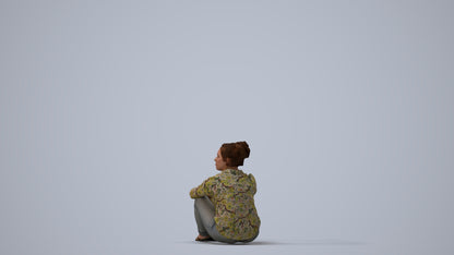 photogrammetry 3D woman casual sitting, realistic human model archviz FBX, three-quarter view render