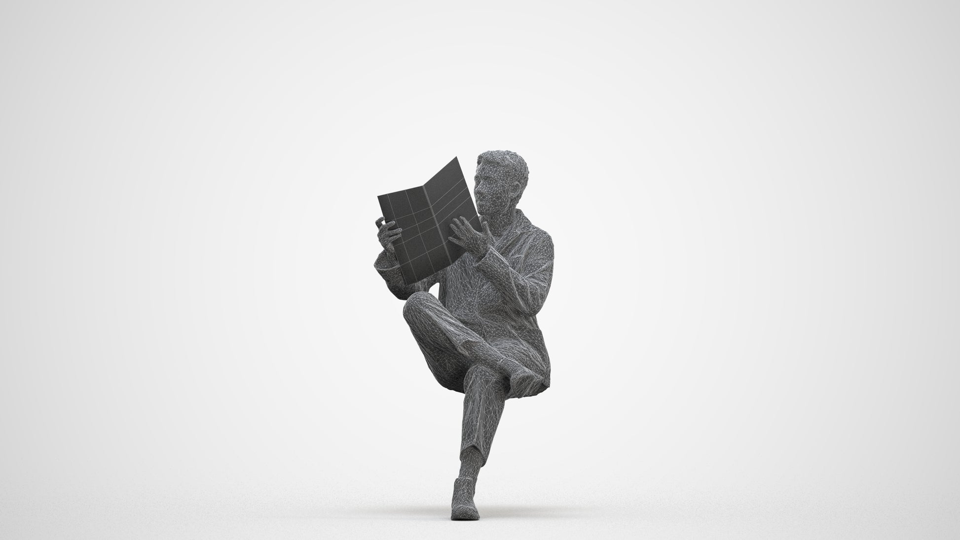 photogrammetry 3D man casual sitting, realistic human model archviz FBX, three-quarter front view render