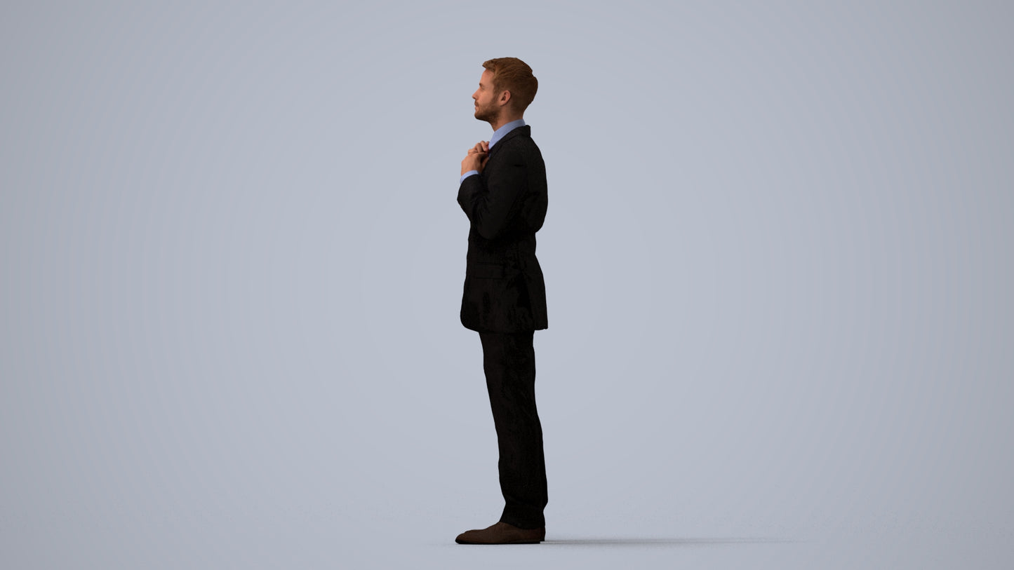 3D human model man business, photogrammetry scanned person for archviz, three-quarter view render