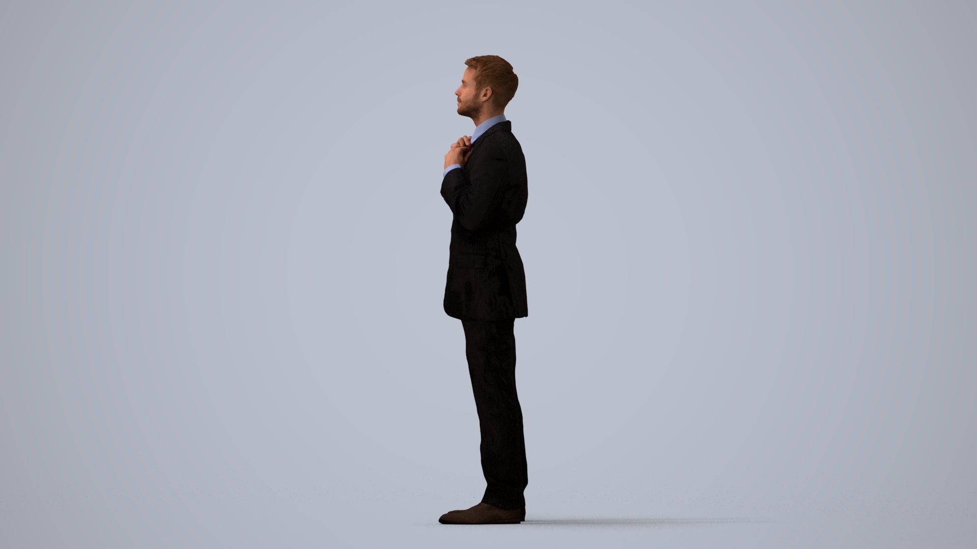 3D human model man business, photogrammetry scanned person for archviz, three-quarter view render
