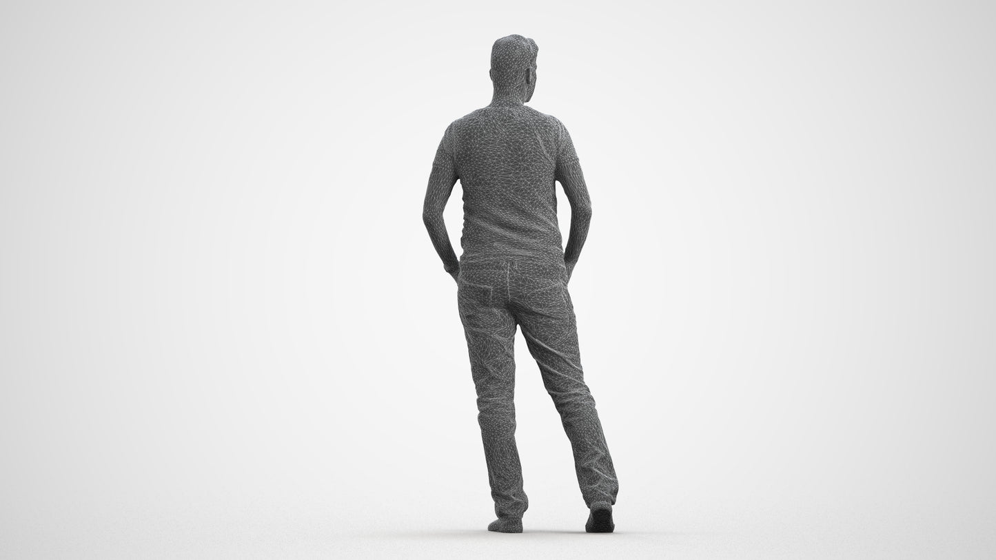 realistic 3D man casual standing, scanned archviz people for Blender and 3ds Max, wireframe front view