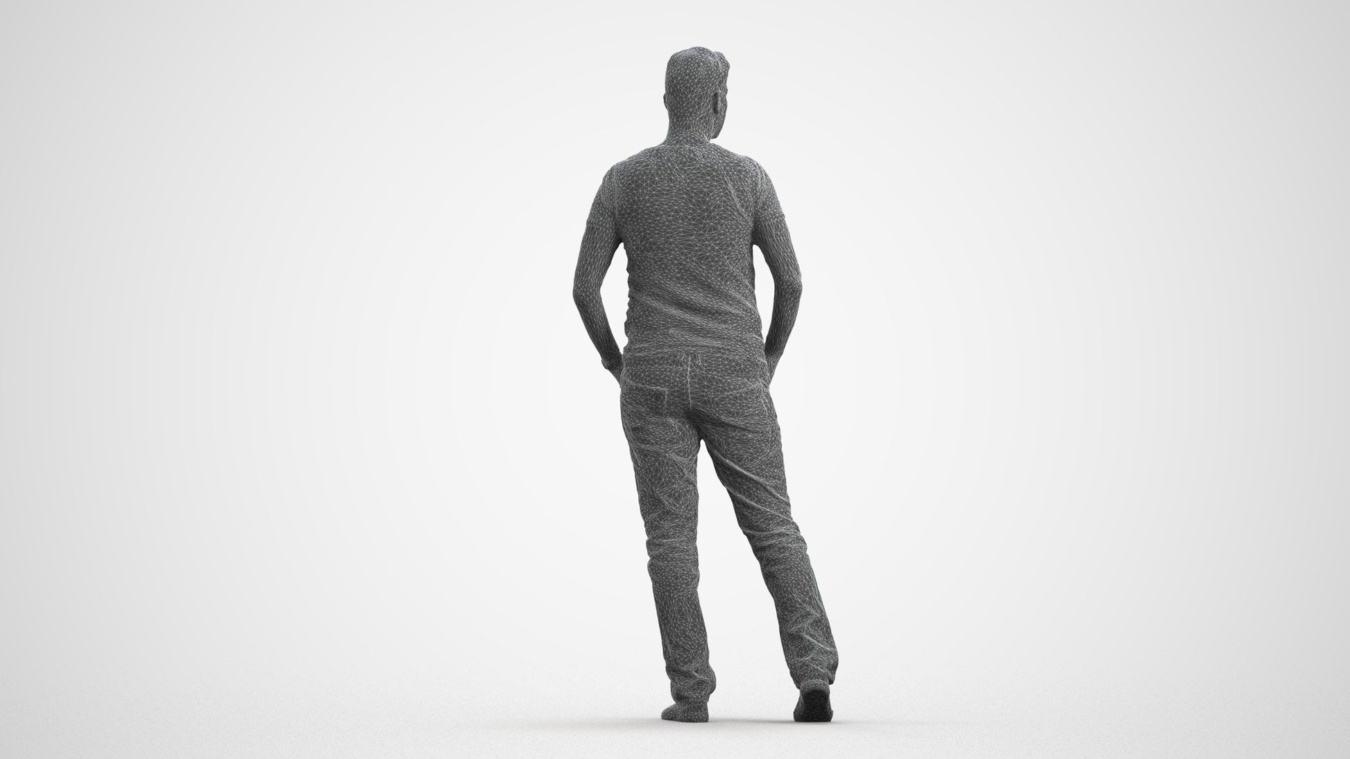 realistic 3D man casual standing, scanned archviz people for Blender and 3ds Max, wireframe front view