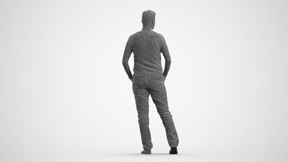 realistic 3D man casual standing, scanned archviz people for Blender and 3ds Max, wireframe front view