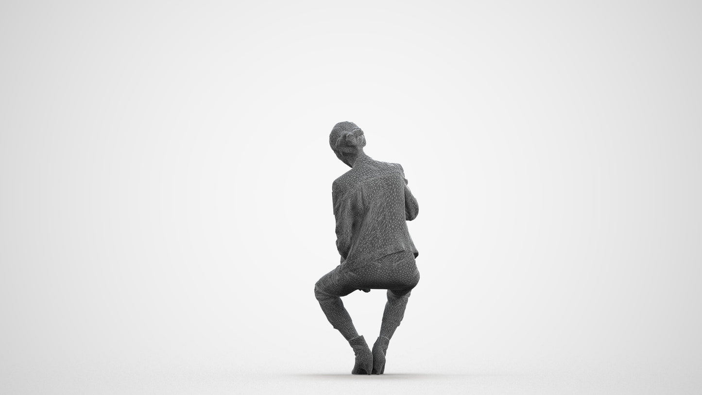 realistic 3D woman business sitting, scanned archviz people for Blender and 3ds Max, wireframe front view