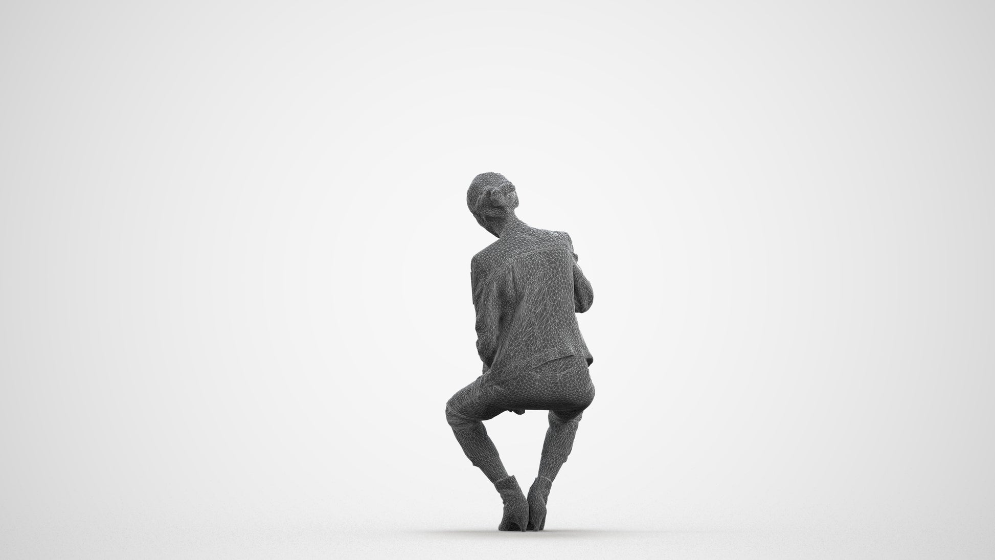 realistic 3D woman business sitting, scanned archviz people for Blender and 3ds Max, wireframe front view