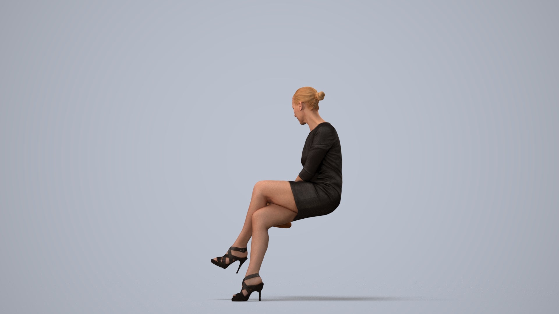 photogrammetry 3D woman business sitting, realistic human model archviz FBX, three-quarter view render