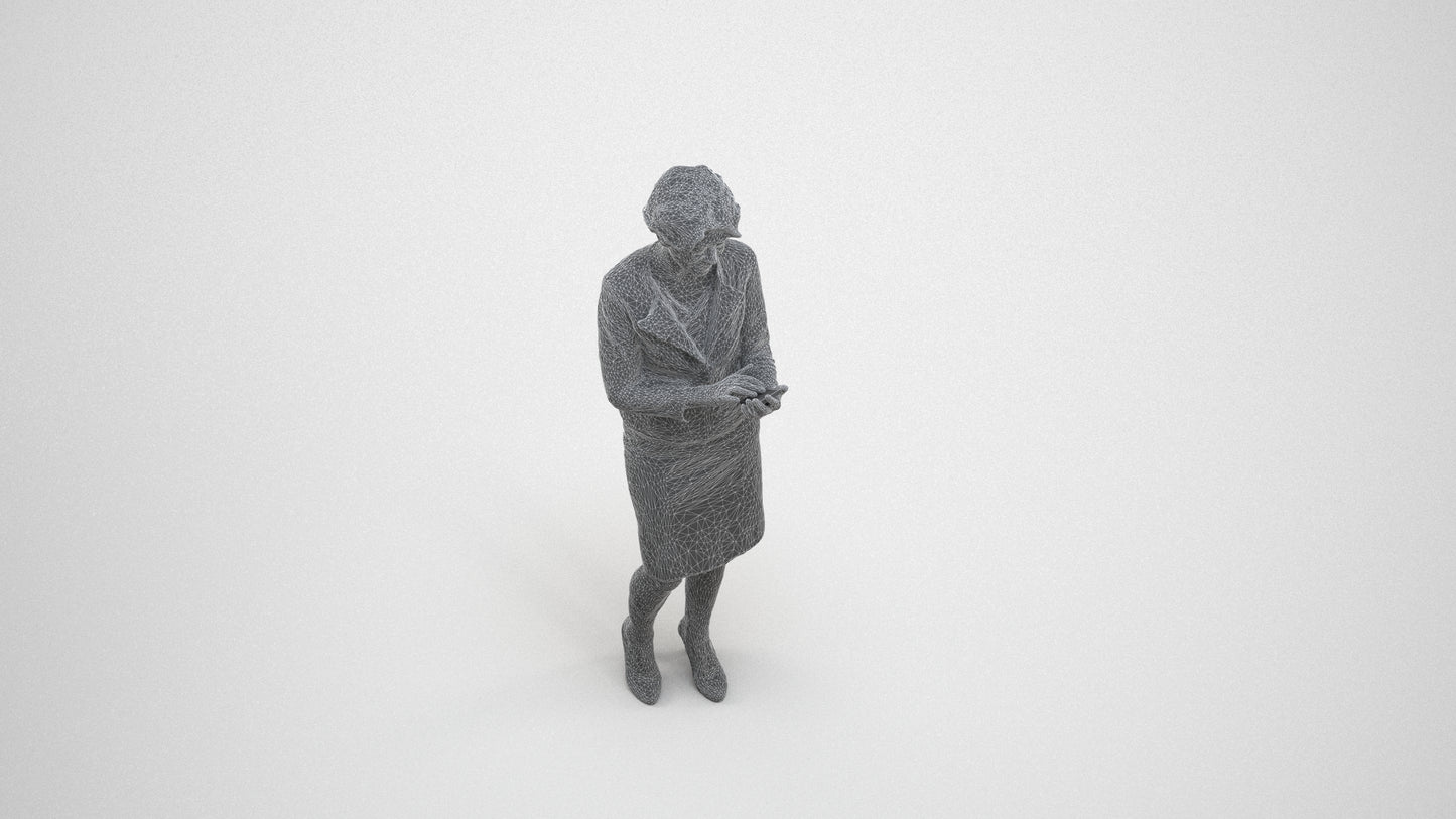 3D scanned woman standing business, photorealistic archviz people for Enscape and SketchUp, wireframe three-quarter view