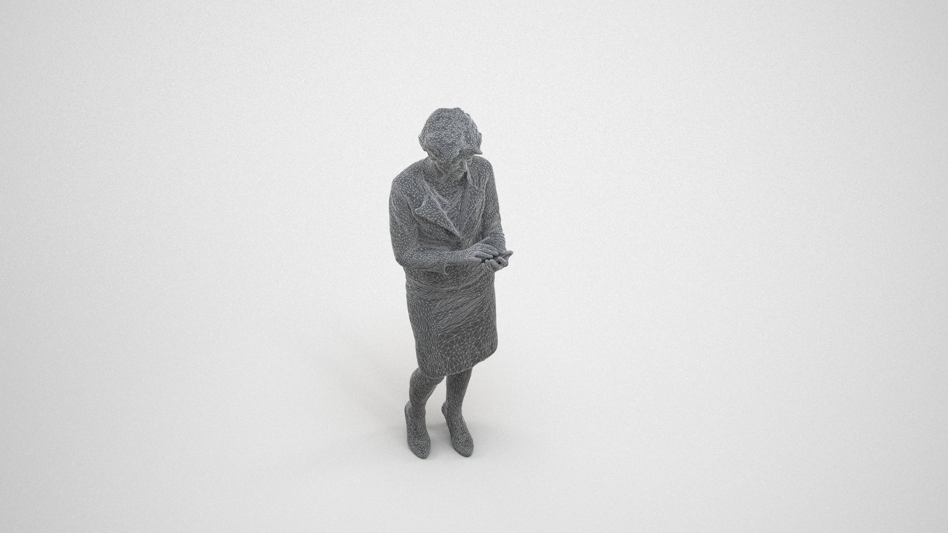 3D scanned woman standing business, photorealistic archviz people for Enscape and SketchUp, wireframe three-quarter view