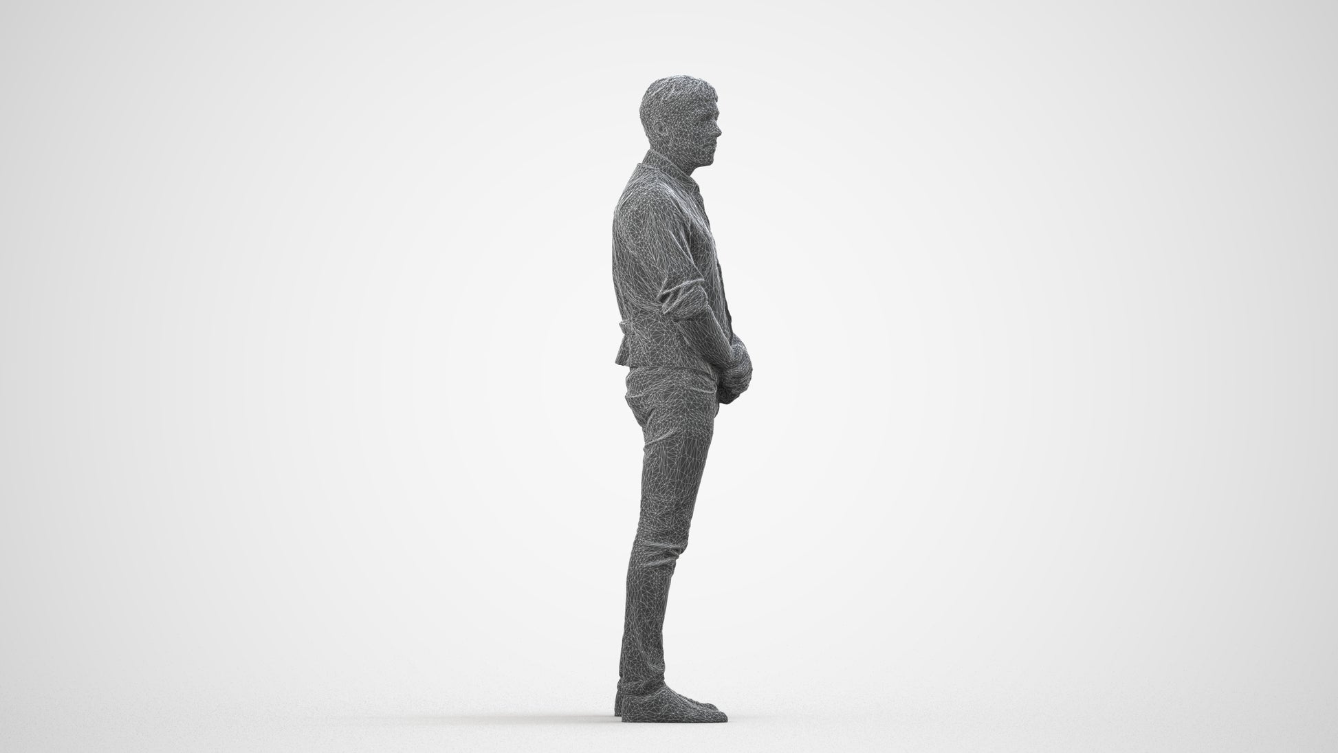 scanned 3D man casual standing, photogrammetry people for Enscape and V-Ray, wireframe side view