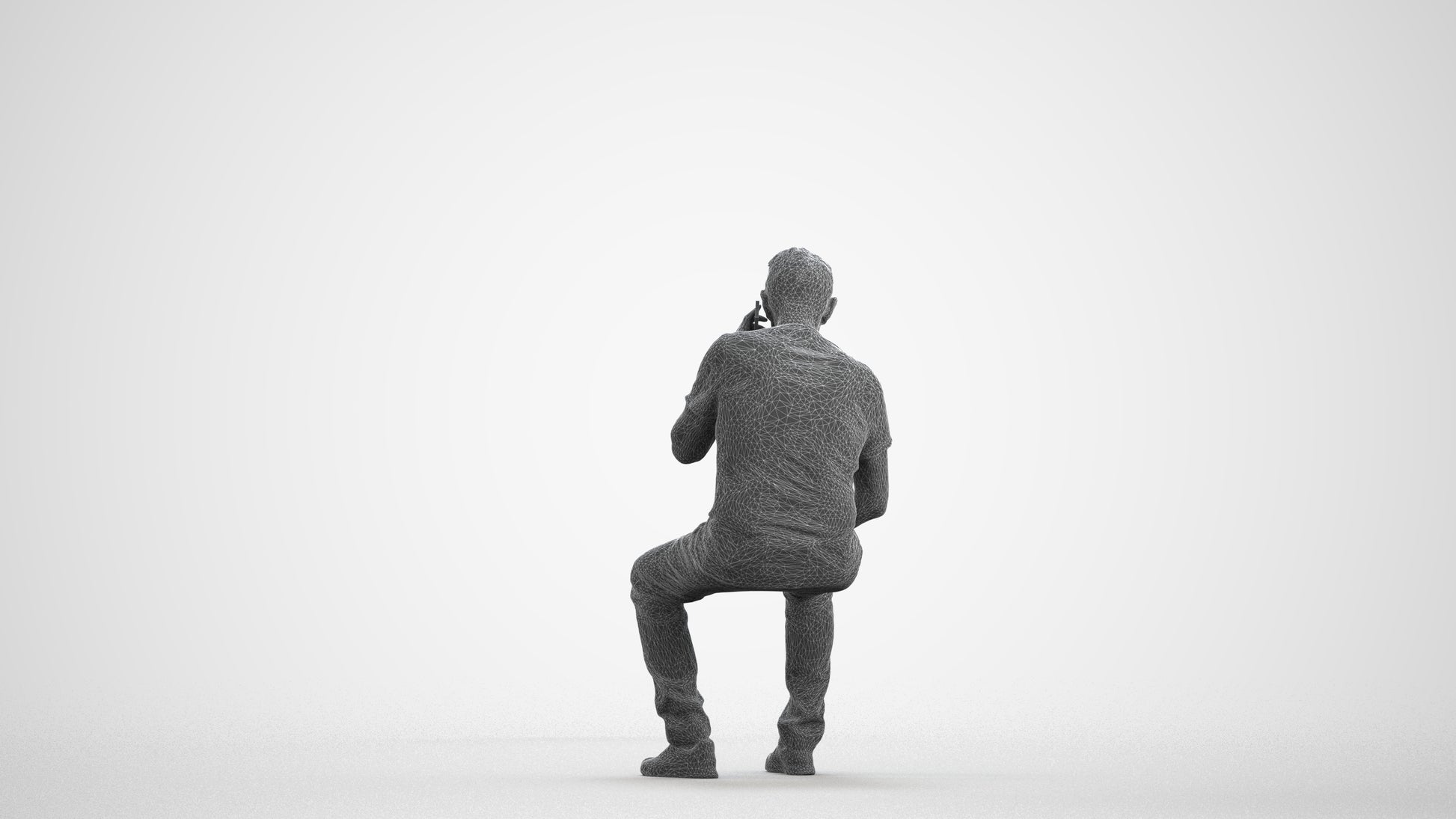 3D scanned senior man sitting casual, photorealistic archviz people for Enscape and SketchUp, wireframe front view