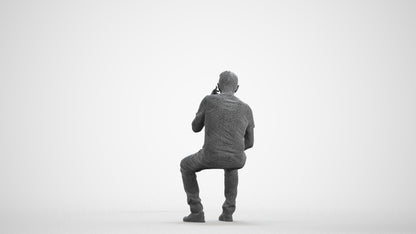 3D scanned senior man sitting casual, photorealistic archviz people for Enscape and SketchUp, wireframe front view