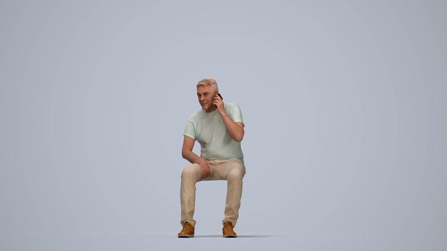 3D scanned senior man sitting casual, photorealistic archviz people for Enscape and SketchUp, top-down view render
