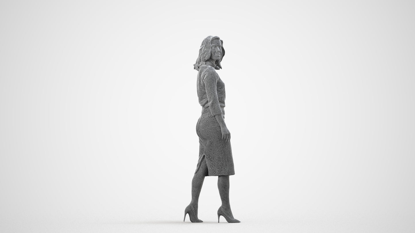 realistic 3D woman business standing, scanned archviz people for Blender and 3ds Max, wireframe side view