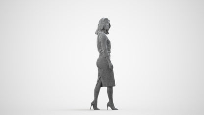 realistic 3D woman business standing, scanned archviz people for Blender and 3ds Max, wireframe side view