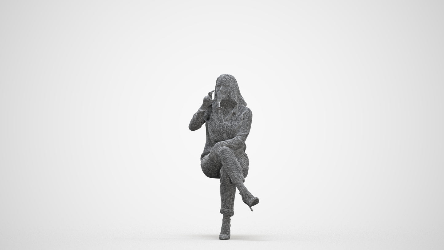 realistic 3D woman casual sitting, scanned archviz people for Blender and 3ds Max, three-quarter front view render