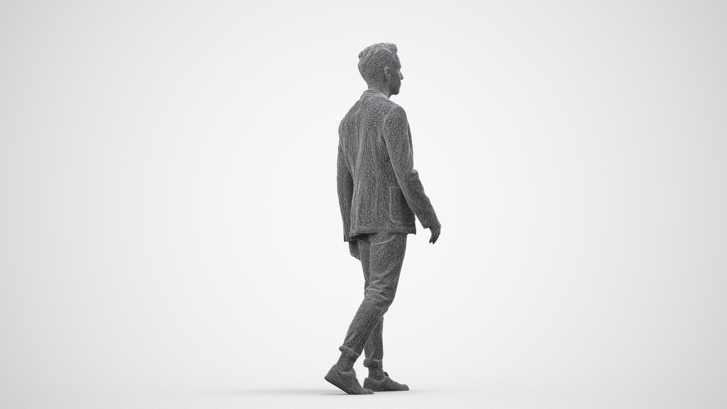 3D scanned man walking business, photorealistic archviz people for Enscape and SketchUp, wireframe side view