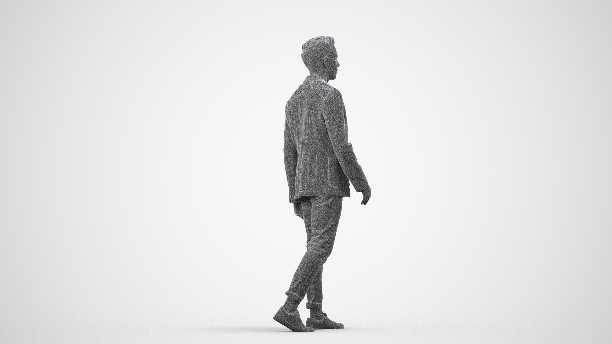 3D scanned man walking business, photorealistic archviz people for Enscape and SketchUp, wireframe side view