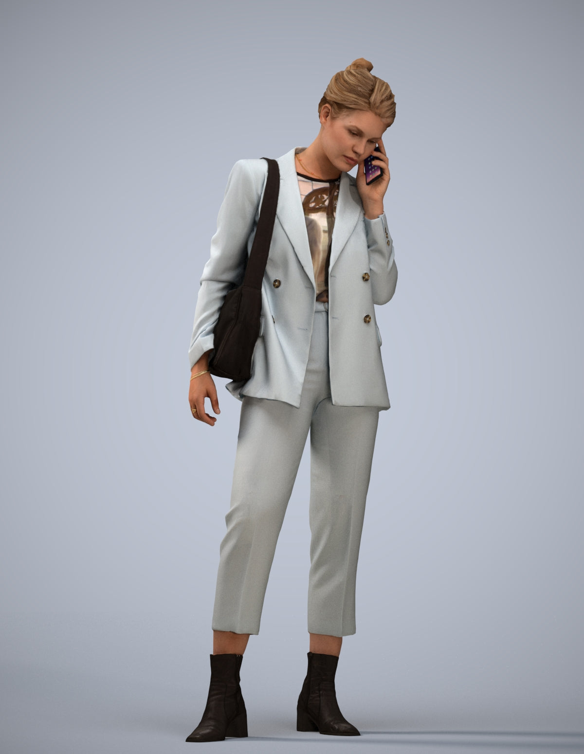 3D human model woman business standing, photogrammetry scanned person for archviz