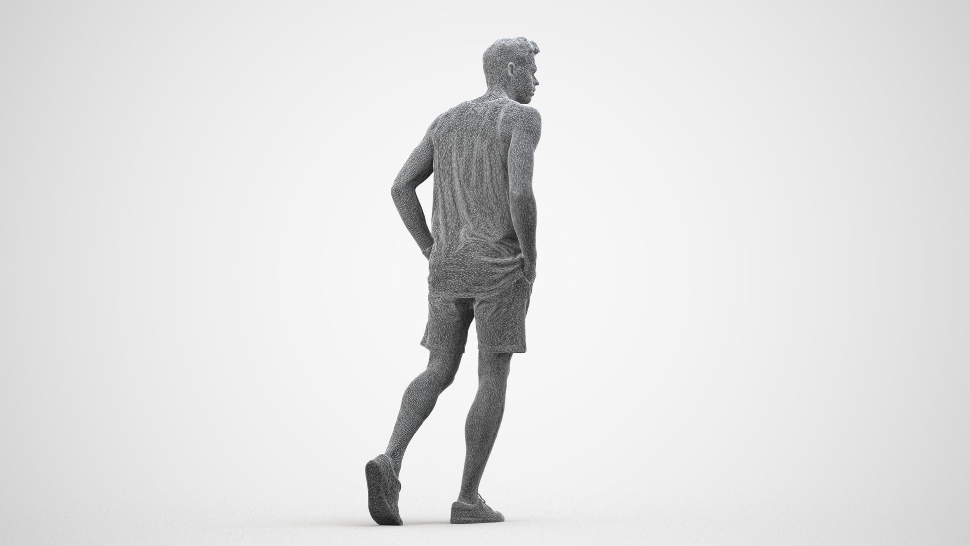 3D human model woman casual walking, photogrammetry scanned person for archviz, wireframe side view