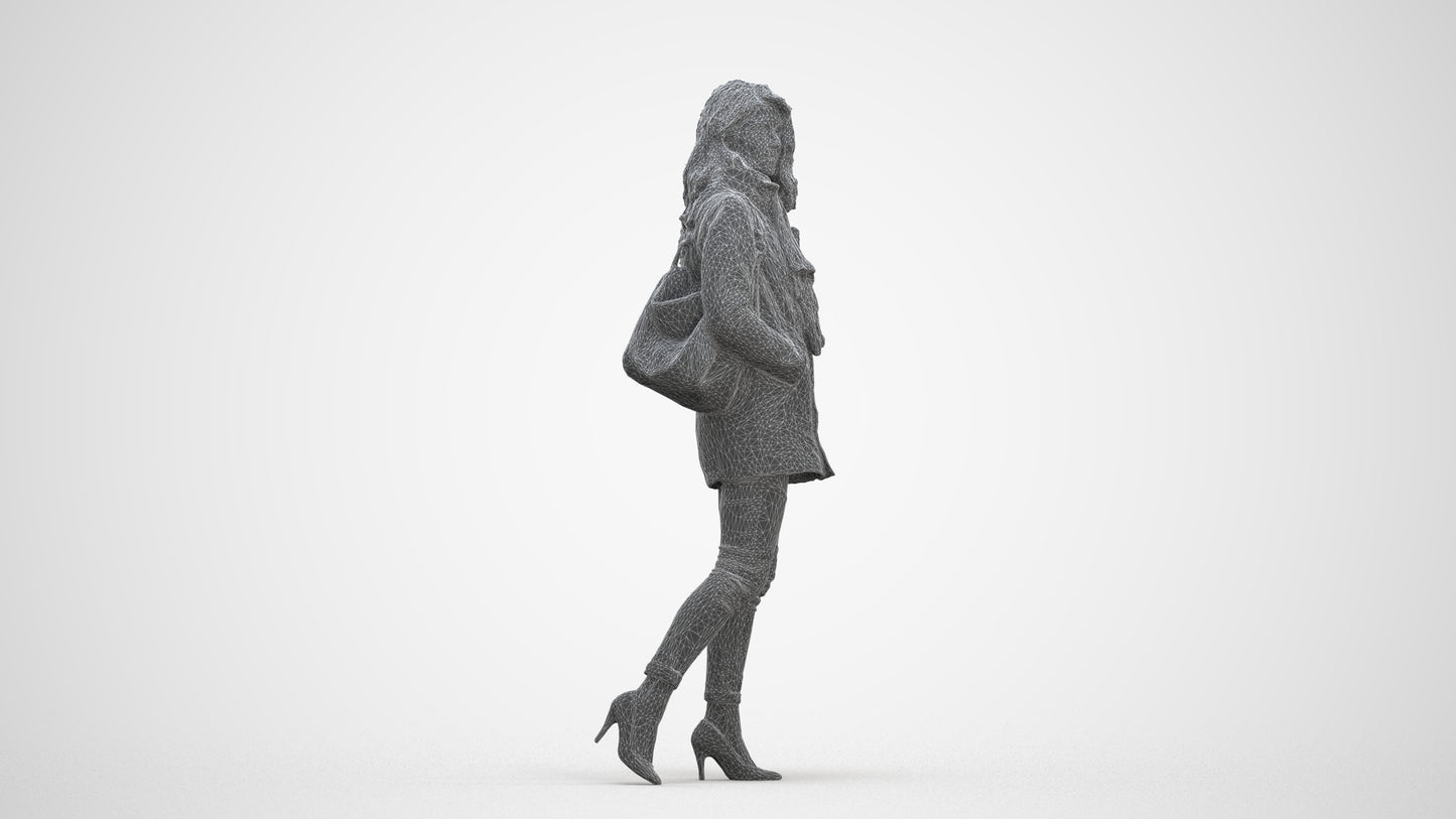 3D scanned woman walking casual, photorealistic archviz people for Enscape and SketchUp, three-quarter front view render