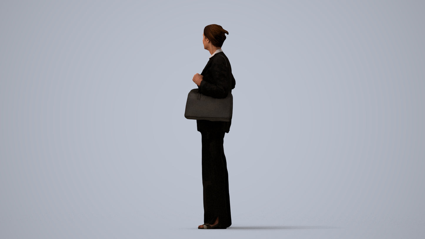 3D human model senior woman business, photogrammetry scanned person for archviz, three-quarter view render