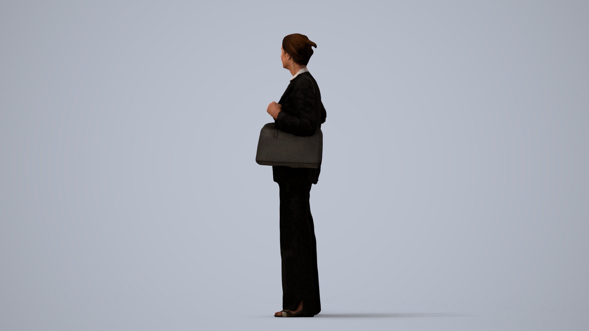 3D human model senior woman business, photogrammetry scanned person for archviz, three-quarter view render