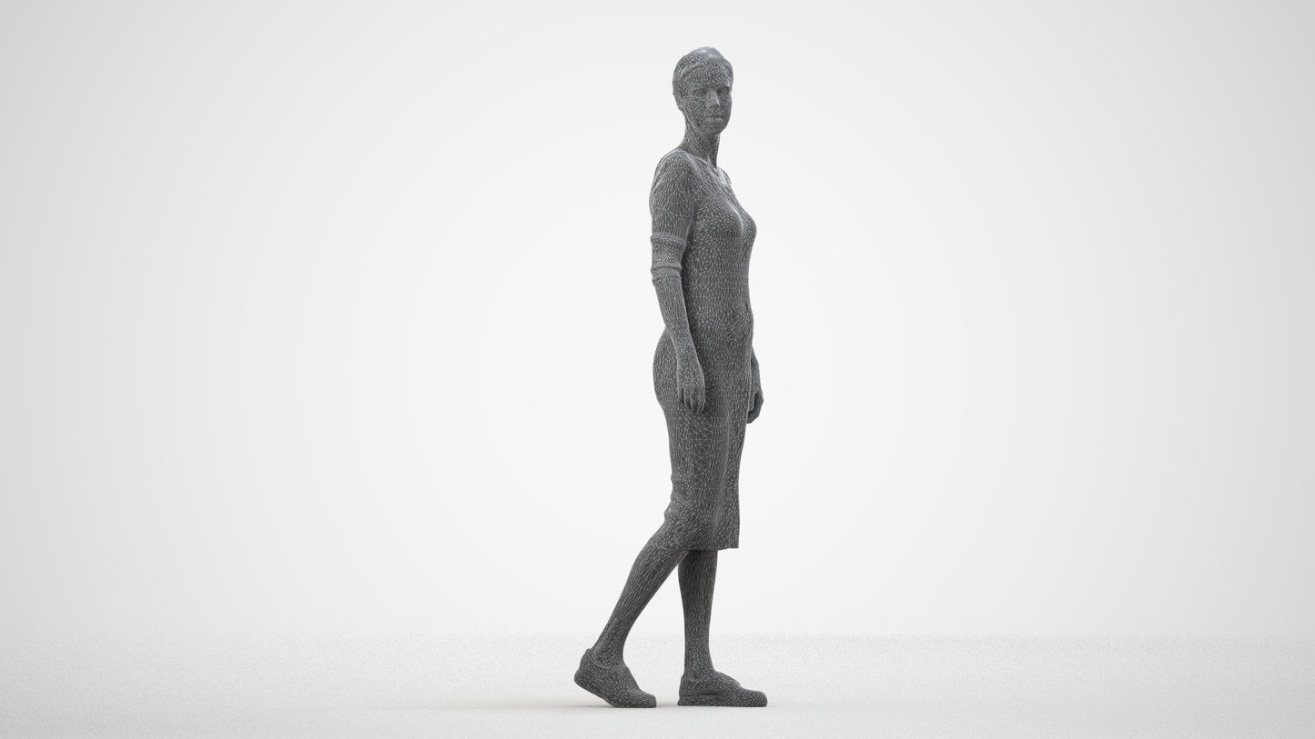 3D scanned woman walking casual, photorealistic archviz people for Enscape and SketchUp, wireframe side view
