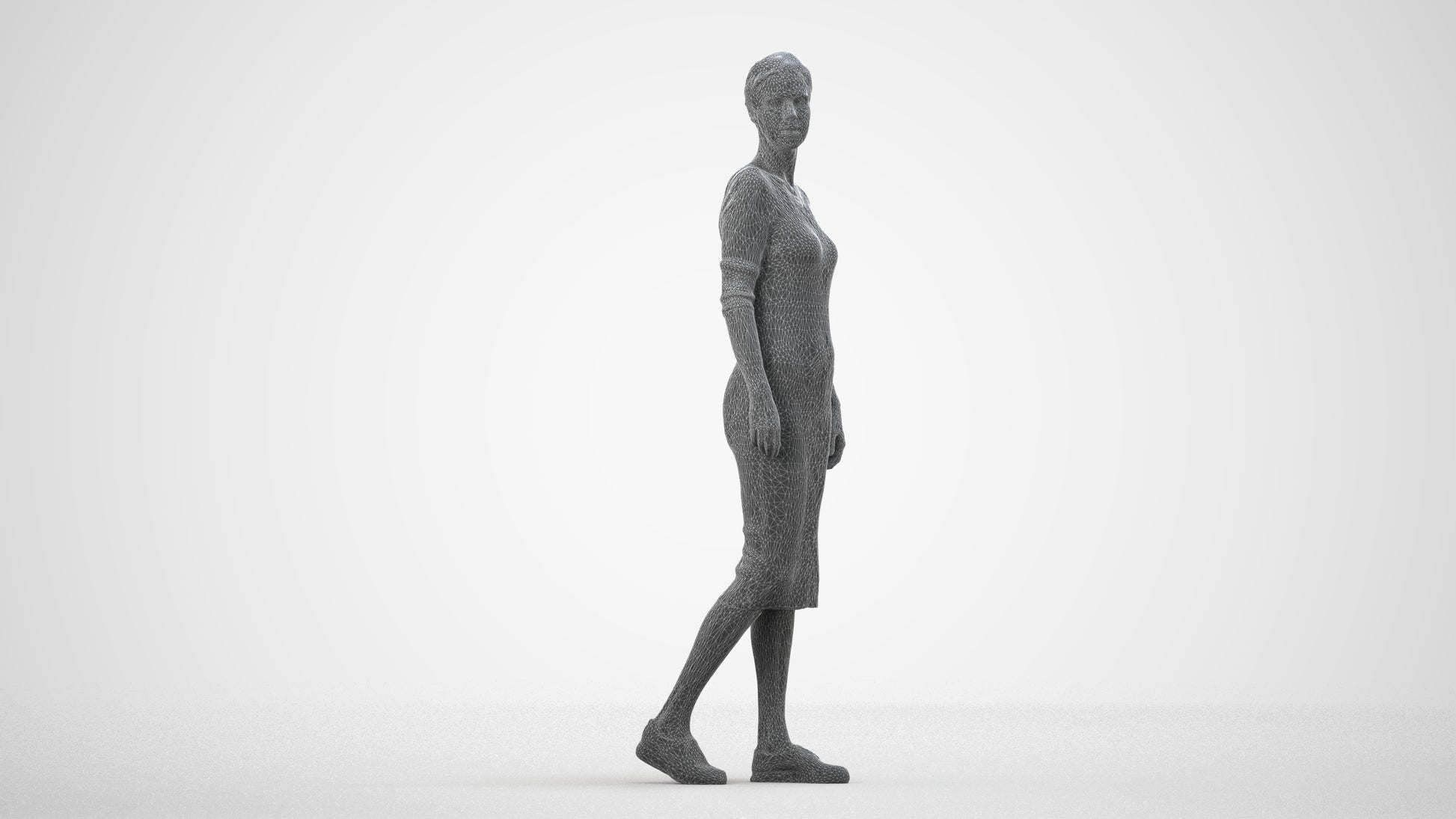 3D scanned woman walking casual, photorealistic archviz people for Enscape and SketchUp, wireframe side view