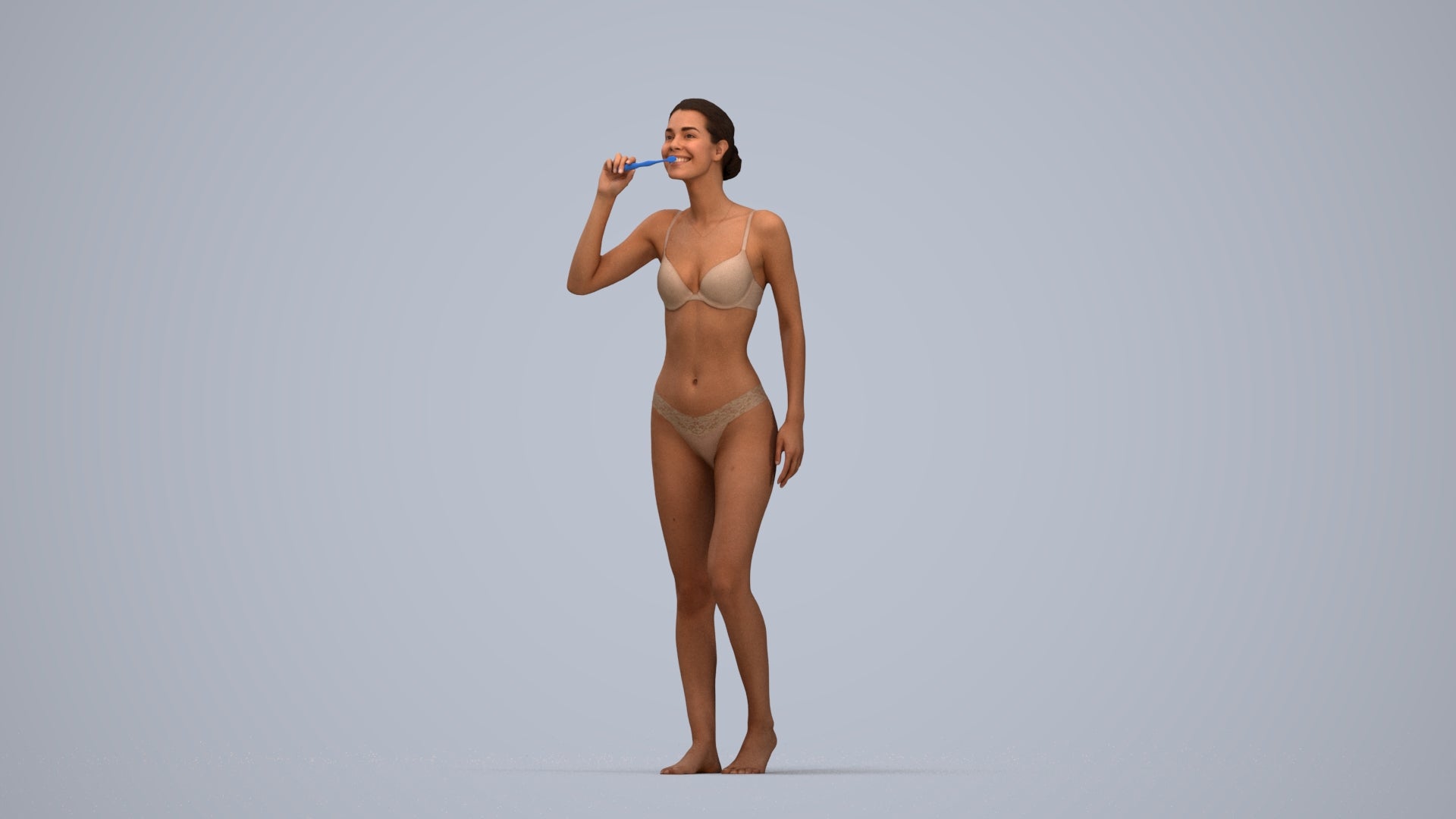 realistic 3D human woman bathroom, archviz people FBX OBJ for Blender, top-down view render