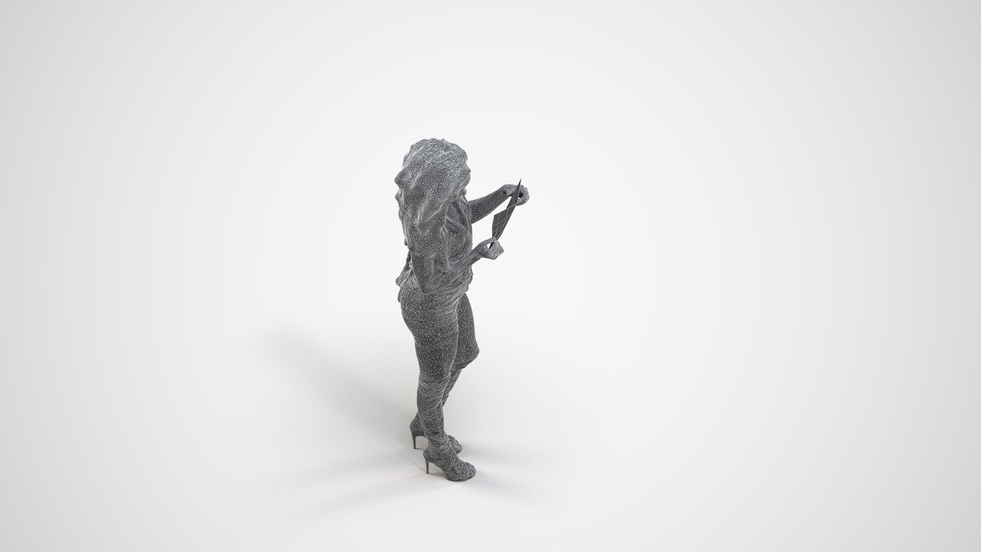 3D human model woman casual standing, photogrammetry scanned person for archviz, wireframe three-quarter view