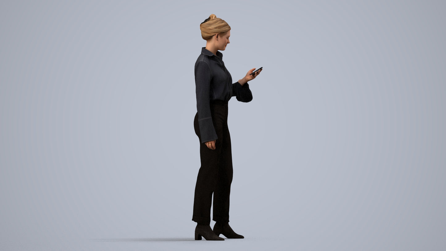 realistic 3D woman business standing, scanned archviz people for Blender and 3ds Max, side view render