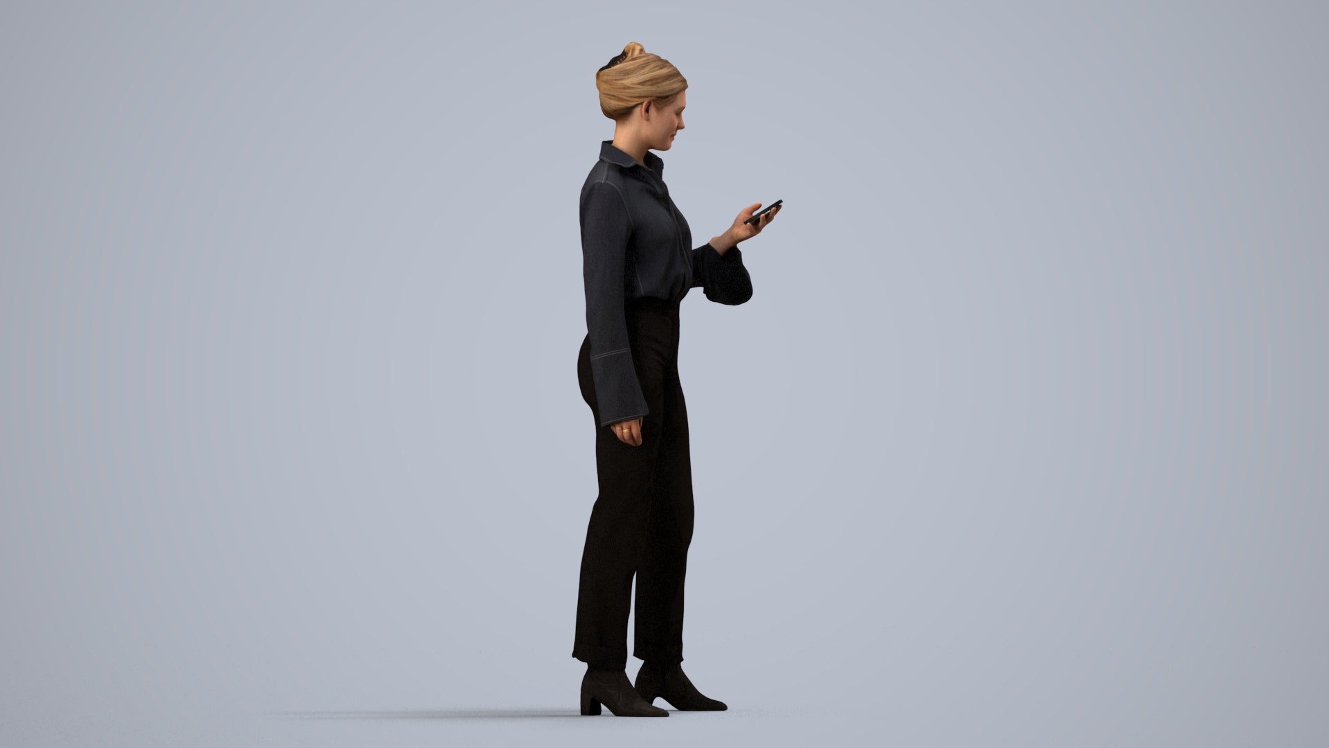 realistic 3D woman business standing, scanned archviz people for Blender and 3ds Max, side view render