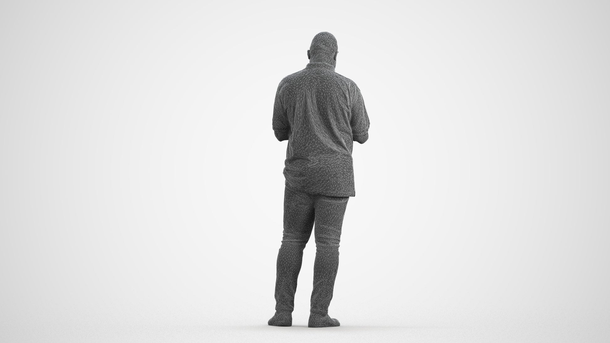 3D human model man casual standing, photogrammetry scanned person for archviz, wireframe front view