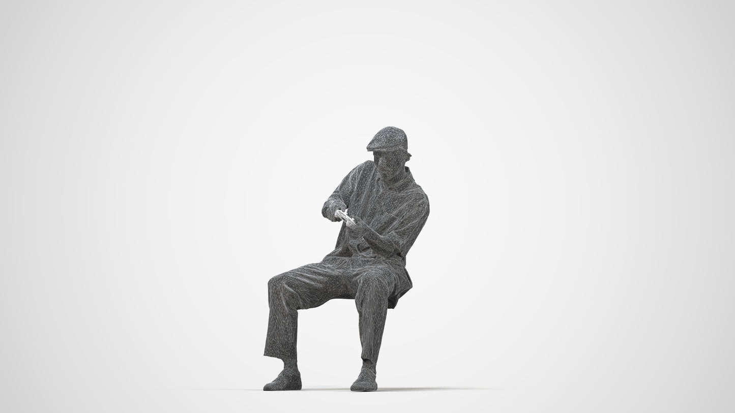 3D human model man casual sitting, photogrammetry scanned person for archviz, wireframe back view