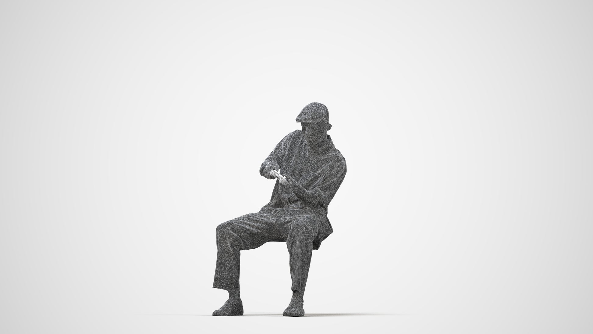 3D human model man casual sitting, photogrammetry scanned person for archviz, wireframe back view