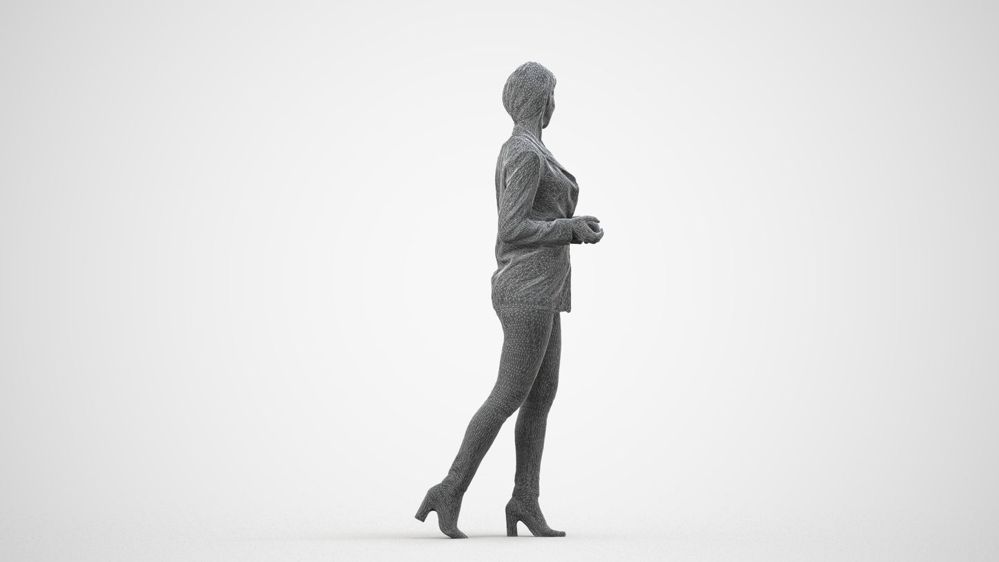 realistic 3D human woman business walking, archviz people FBX OBJ for Blender, wireframe side view