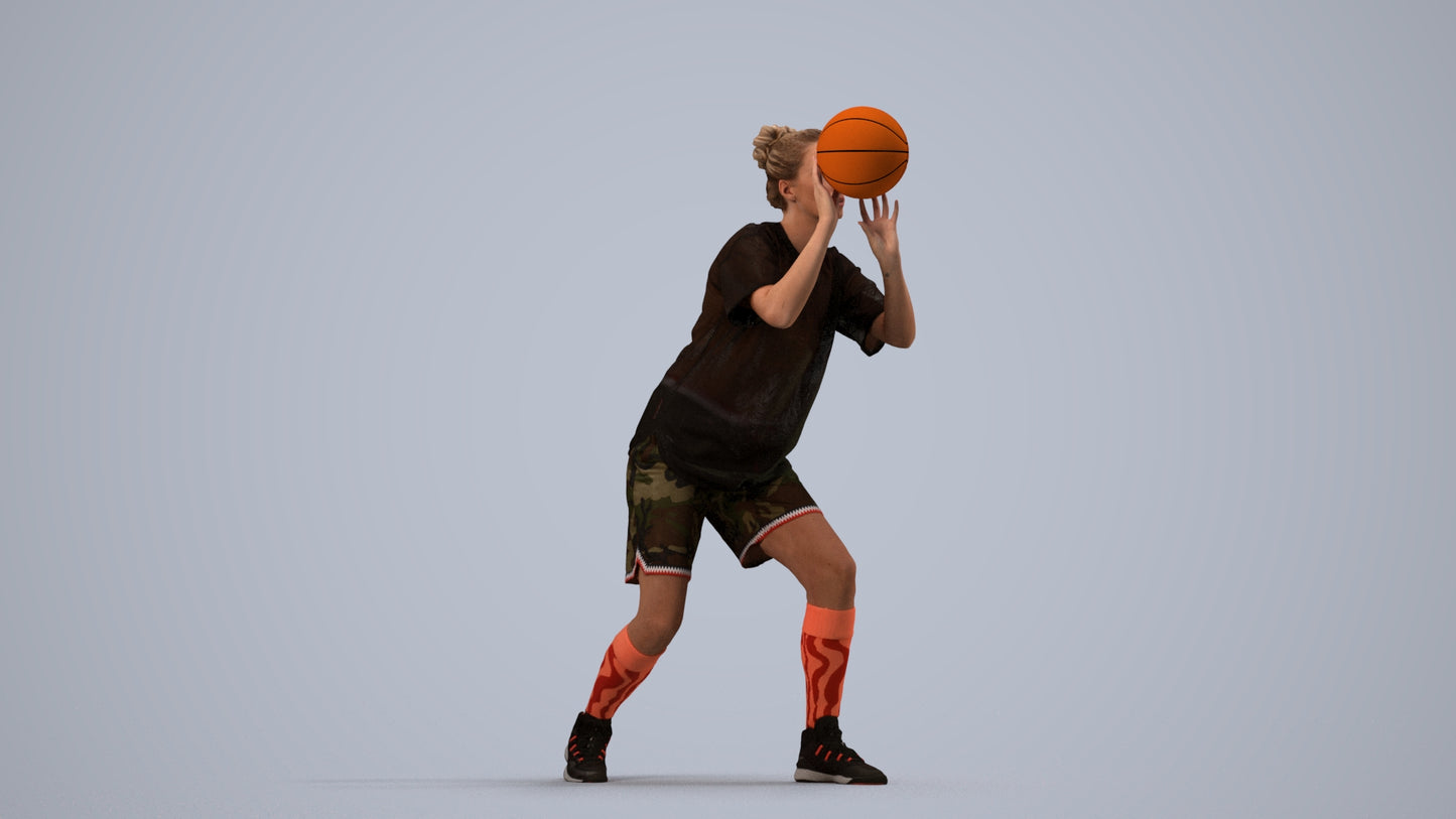3D human model woman sport, photogrammetry scanned person for archviz, side view render