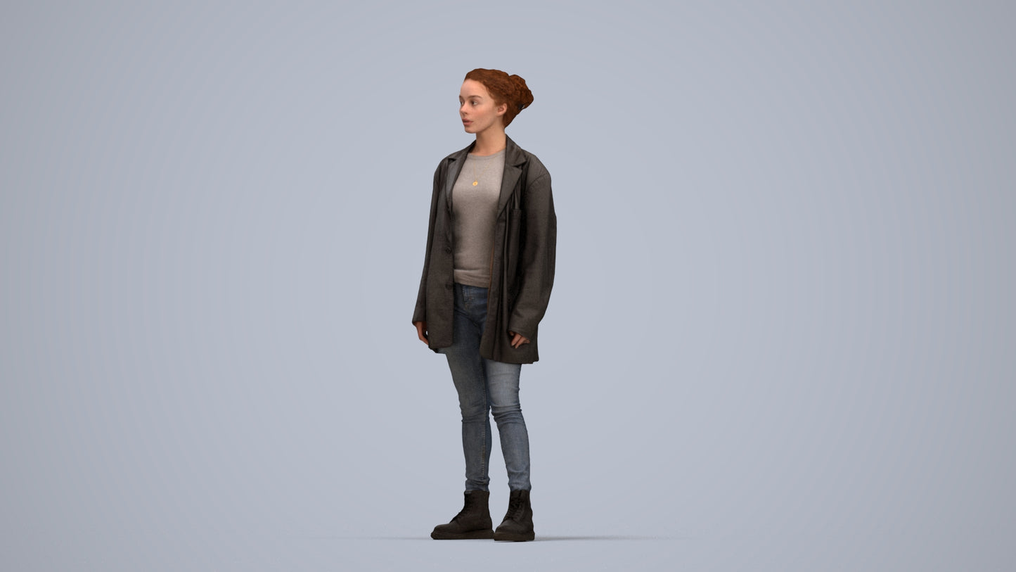 3D human model woman casual mix, photogrammetry scanned person for archviz, top-down view render