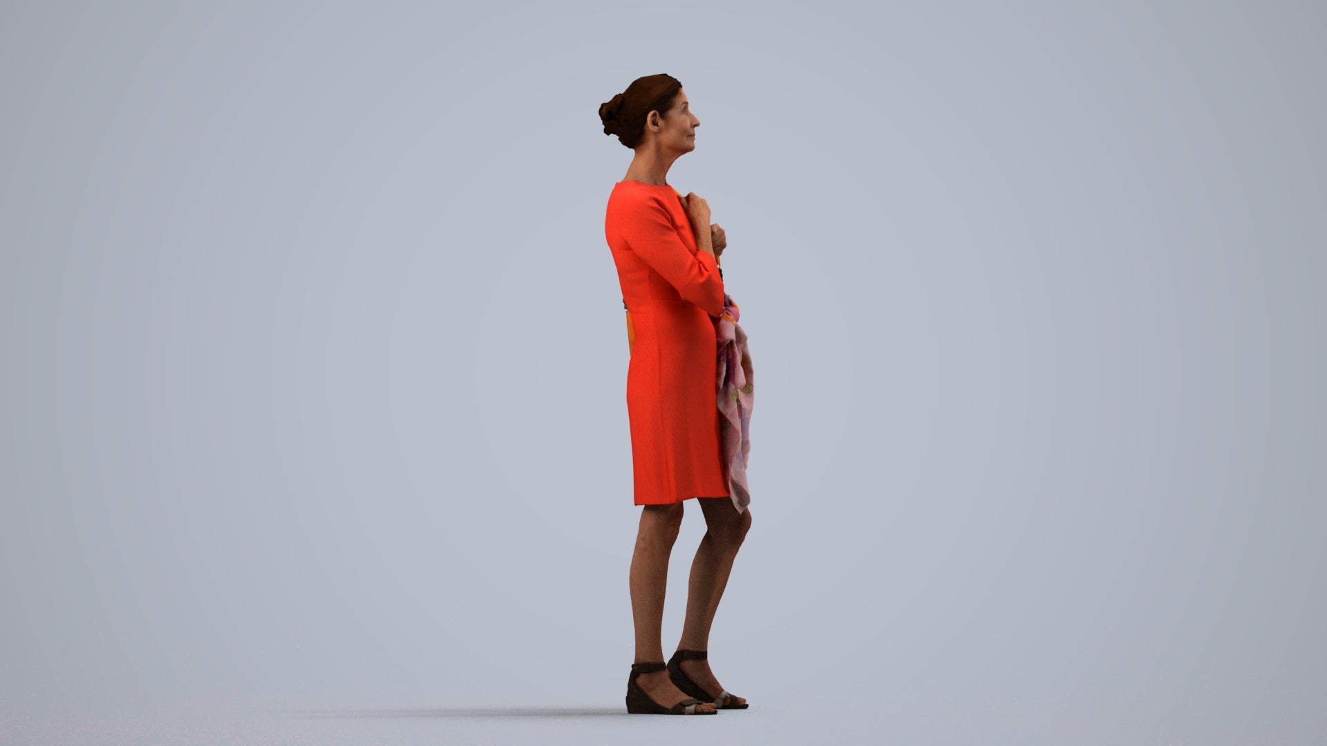 photogrammetry 3D senior woman business standing, realistic human model archviz FBX, side view render