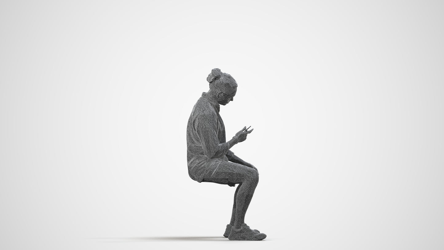 photogrammetry 3D man casual sitting, realistic human model archviz FBX, wireframe side view